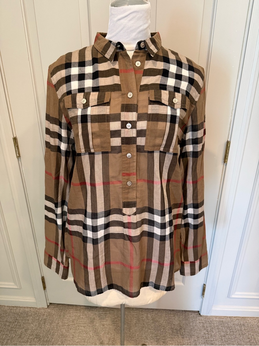 Burberry Brit Women’s Tan Plaid Button-Front Long Sleeve Shirt Large